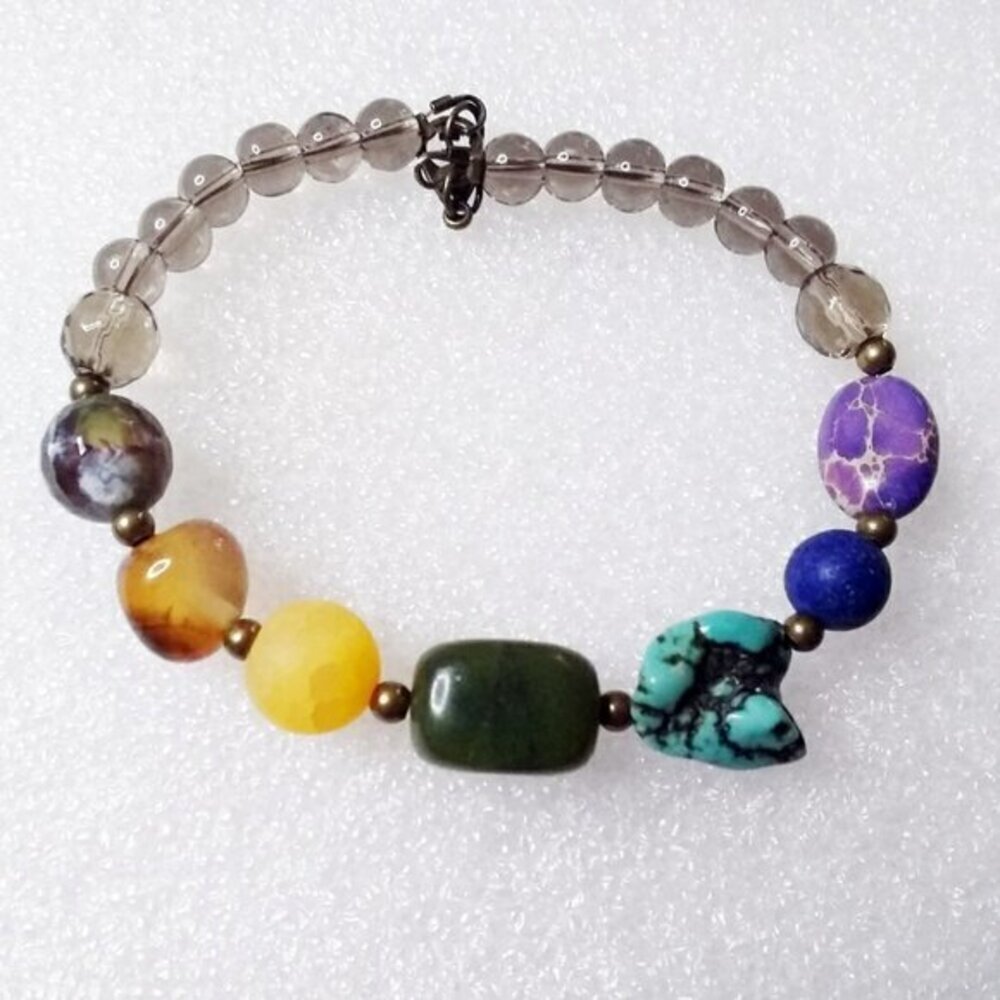 8" ~ 7 Chakra Bracelet! Loaded w. Semi-Precious Stones + Smokey Crystal Beads